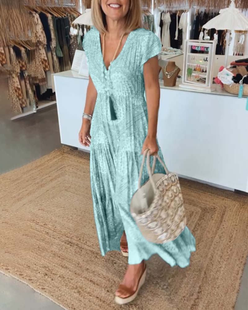 Robe à manches fendues en V imprimée pour les vacances