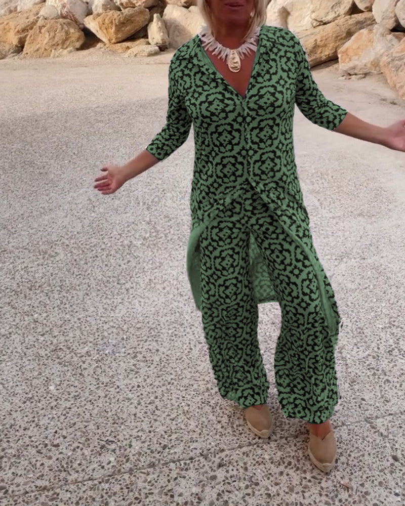 Mosa | Ensemble imprimé pour femmes, chemise longue et pantalon droit
