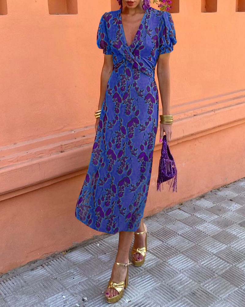 Robe A-Line à Manches Bouffantes et Imprimé Élégant de Feuilles en V Profond