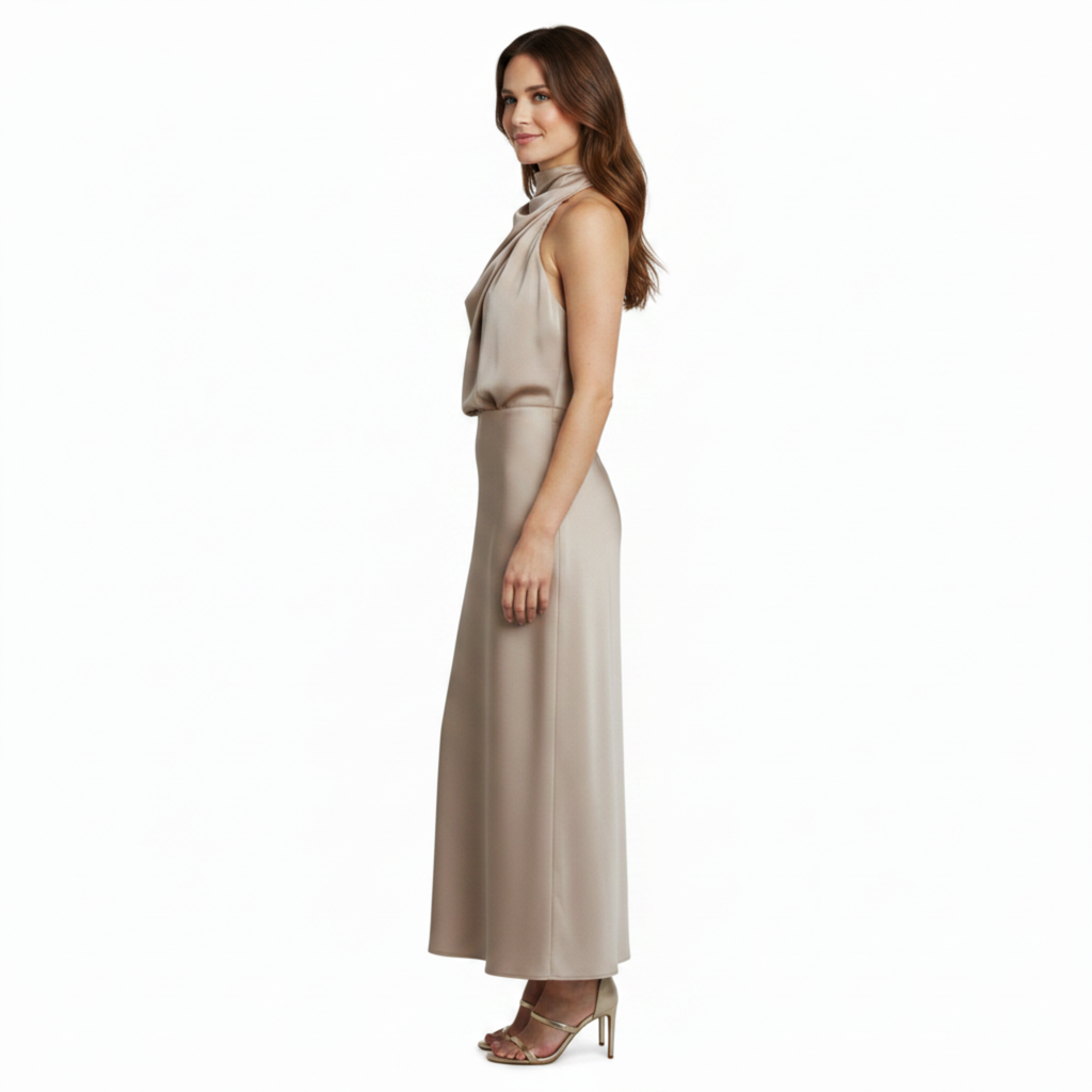 Robe de Soirée Wedding Guest Dress Satinée à Dos Nu et Encolure Américaine