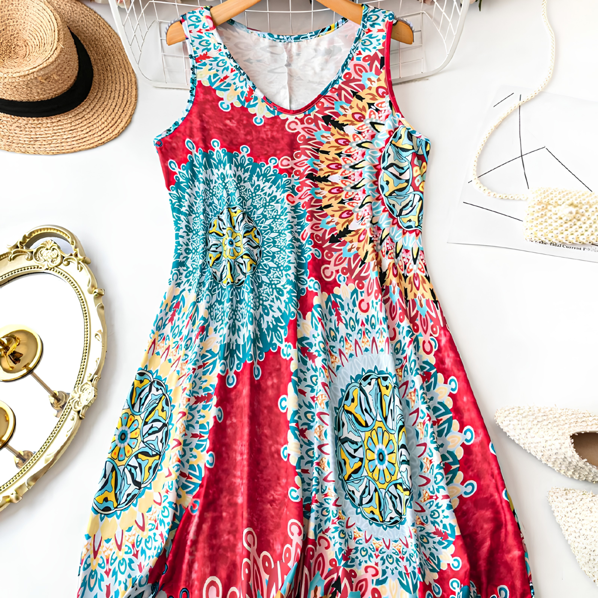 Yessia | Robe A-line sans manches avec imprimé coloré