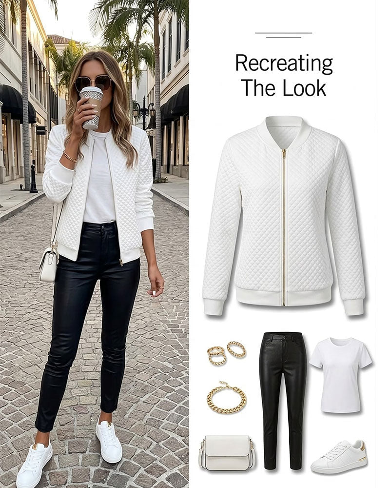 Manteau Matelassé Diamant Col Montant Fermeture Éclair