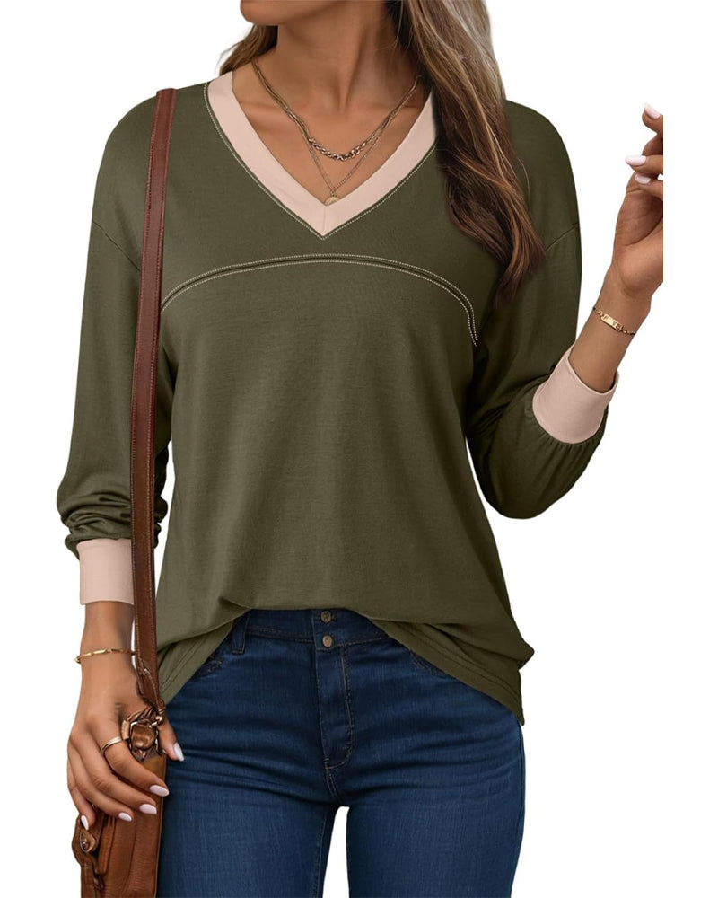 Blouse Contraste Col En V Décontractée