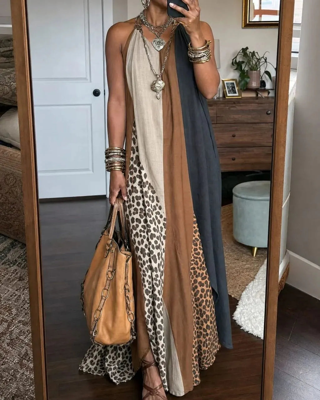 Zasvie | Robe maxi sans manches avec motif léopard