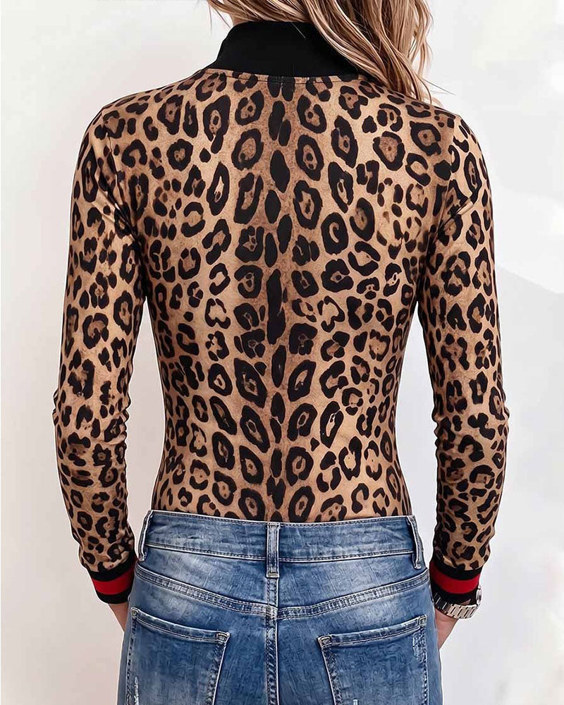 Haut Imprimé Léopard Demi-Zip Manches Longues