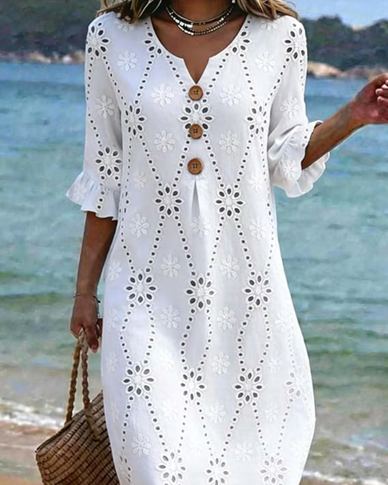 Robe Petit Col En V Évidé Bouton Volant