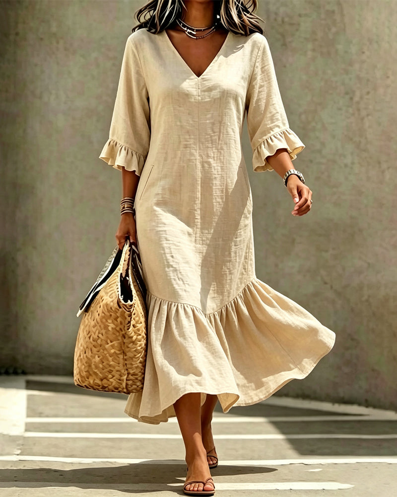 Robe Col V Poche Volant Ajusté