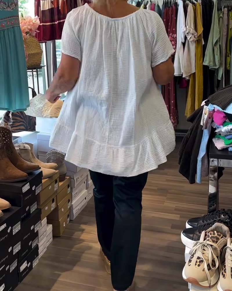 Blouse Col Rond Froncée Décontractée Unie