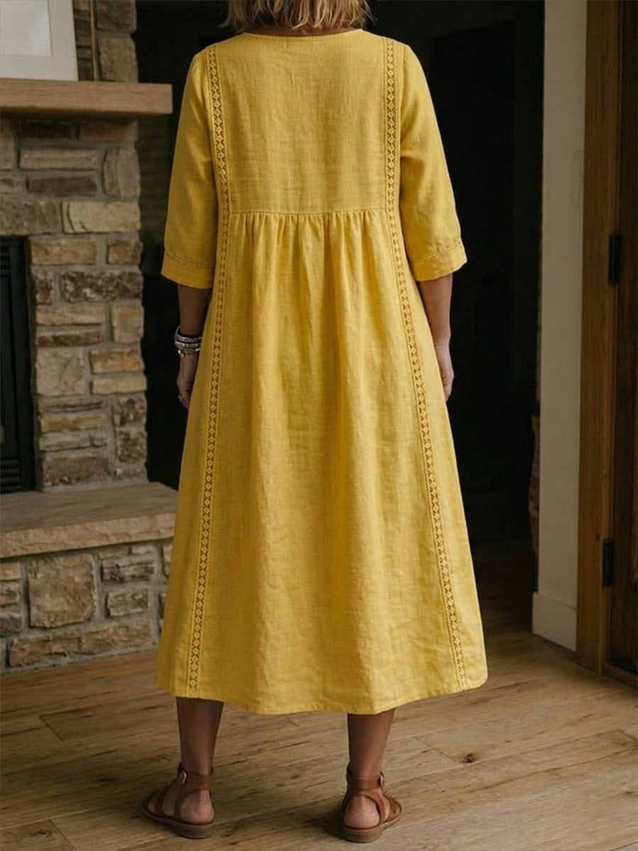 Robe femme coton-lin avec dentelle et col V