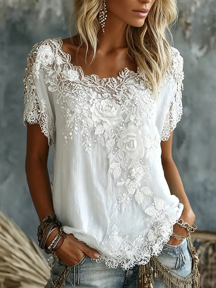 Daevea | Blouse vintage avec broderie florale en dentelle