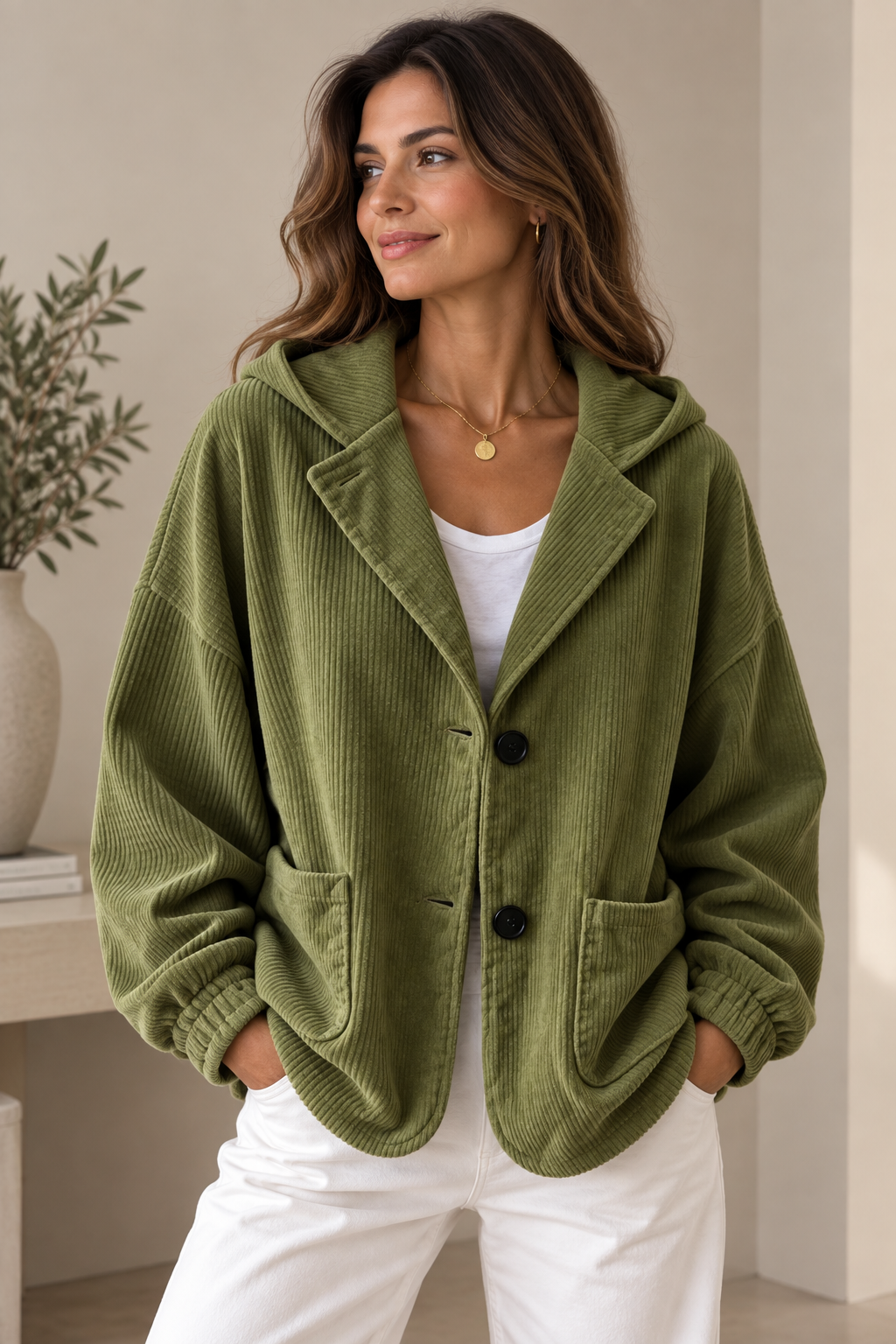 Veste oversize femme en velours côtelé à capuche