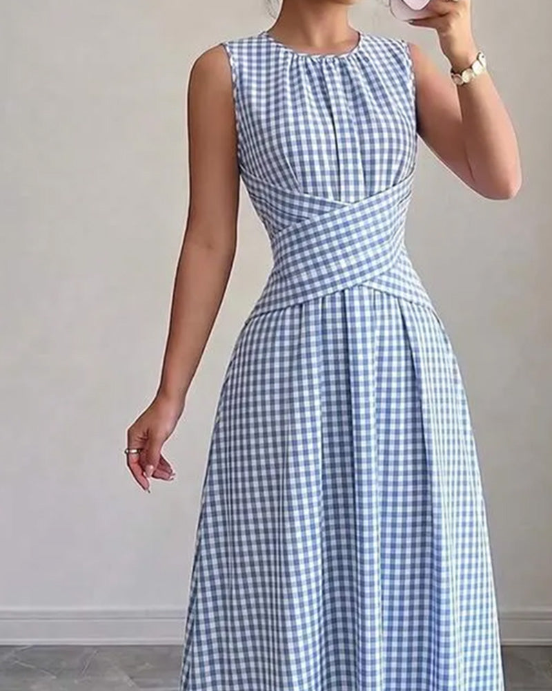 Robe Col Rond Croisé Froncé À Carreaux