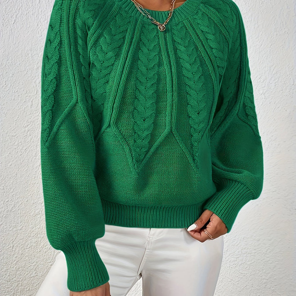 Pull en Tricot à Câbles pour Femme avec Col Rond et Manches Raglan