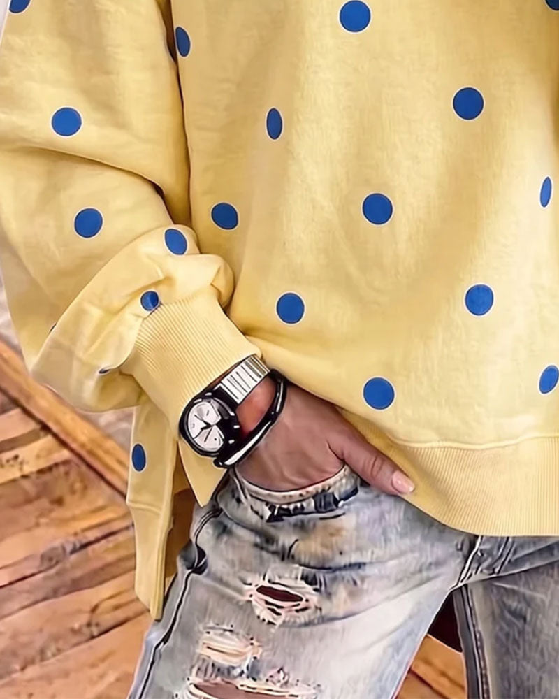 Sweatshirt Col Rond Polka Dot Fente Épaule Tombante Asymétrique