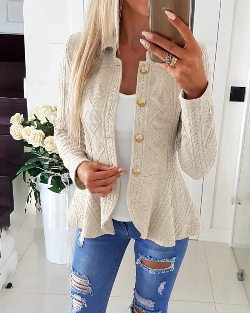 Cardigan femme texturé à col rabattu et boutons dorés