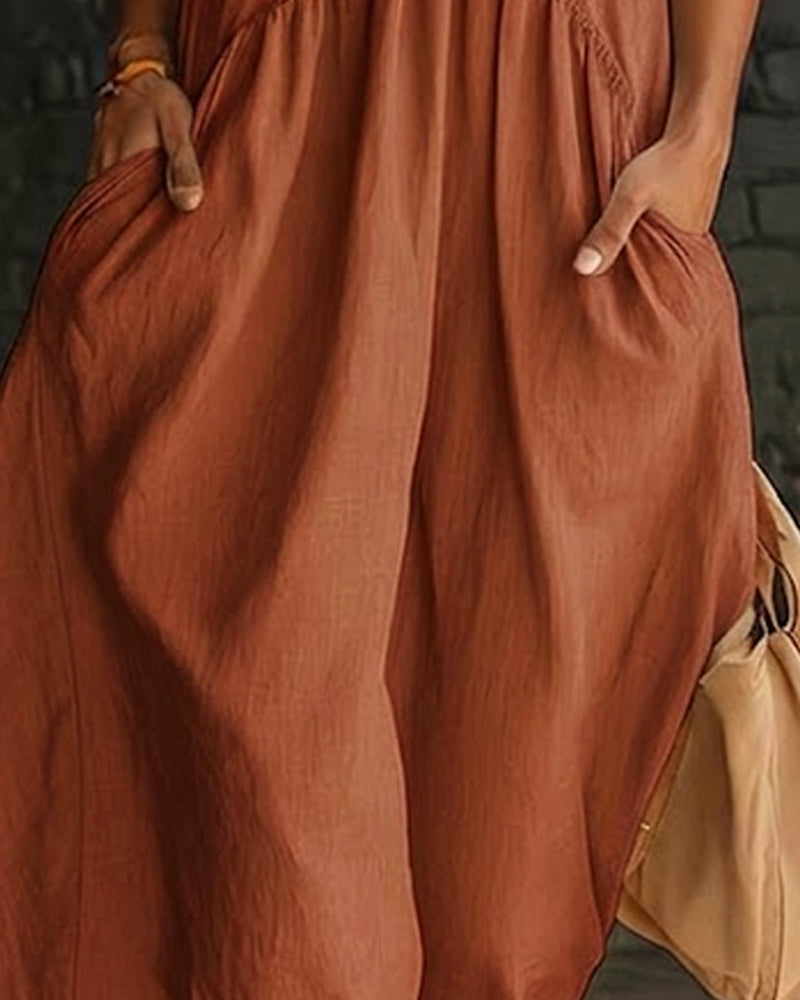 Robe Maxi Sans Manches en Coton 100% à Col Montant de Couleur Unie