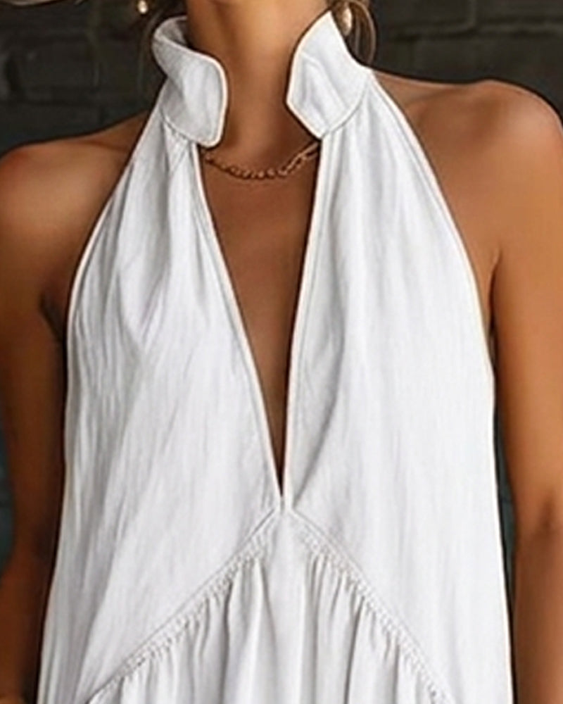 Robe Maxi Sans Manches en Coton 100% à Col Montant de Couleur Unie