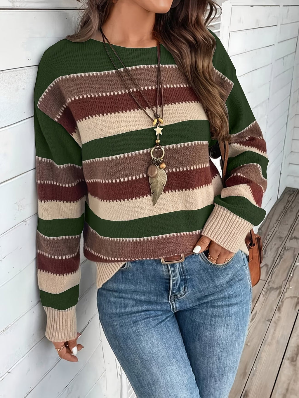 Pull femme rayé en maille à col rond
