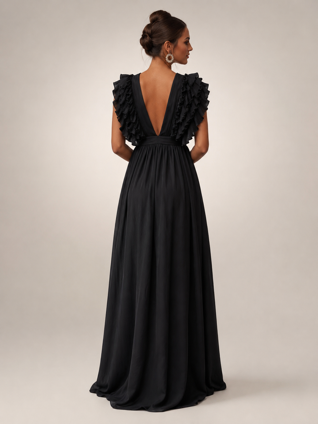 Angelina | Robe maxi dos nu avec manches volantées