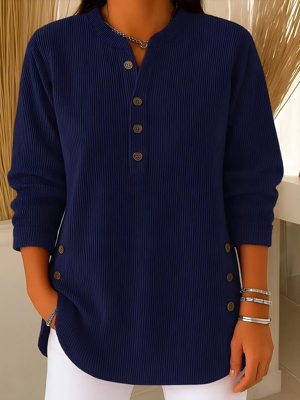 Blouse femme côtelée à boutons décoratifs