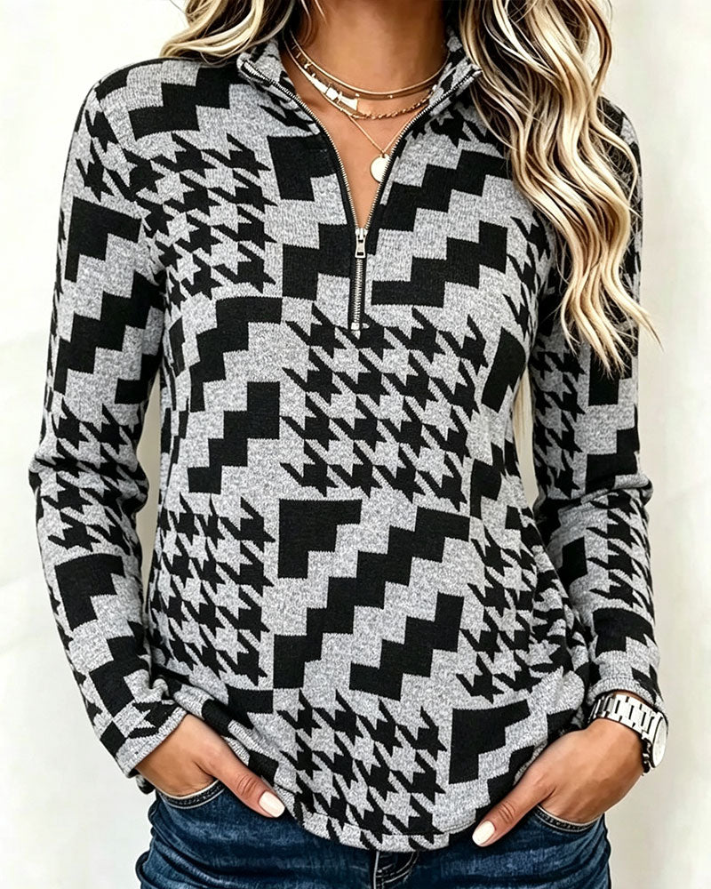 Haut Pied-De-Poule Demi-Zip Col Montant Manches Longues