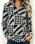 Haut Pied-De-Poule Demi-Zip Col Montant Manches Longues