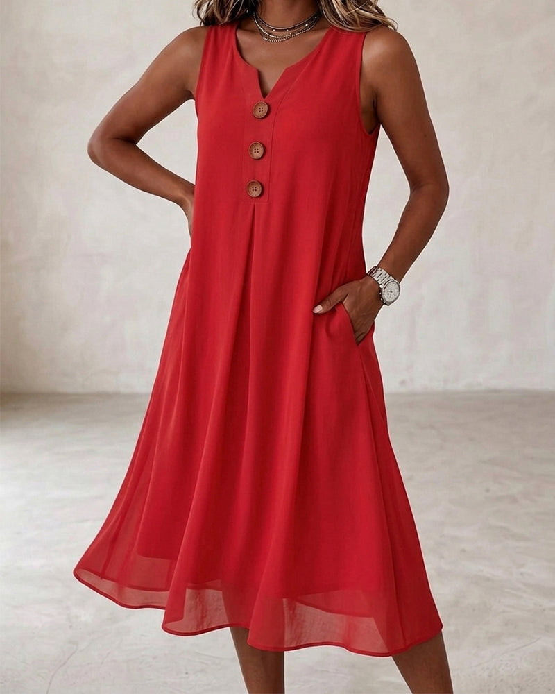 Robe Bouton Froncée Sans Manches