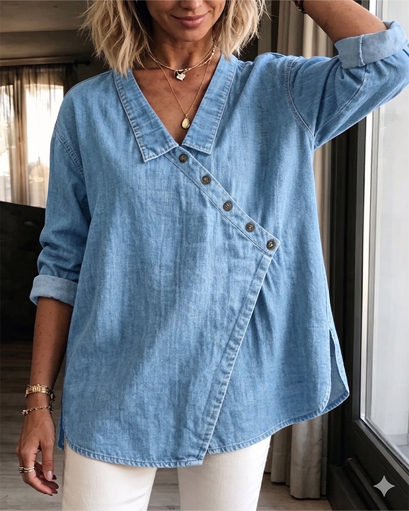 Blouse femme ample à boutons diagonaux style denim
