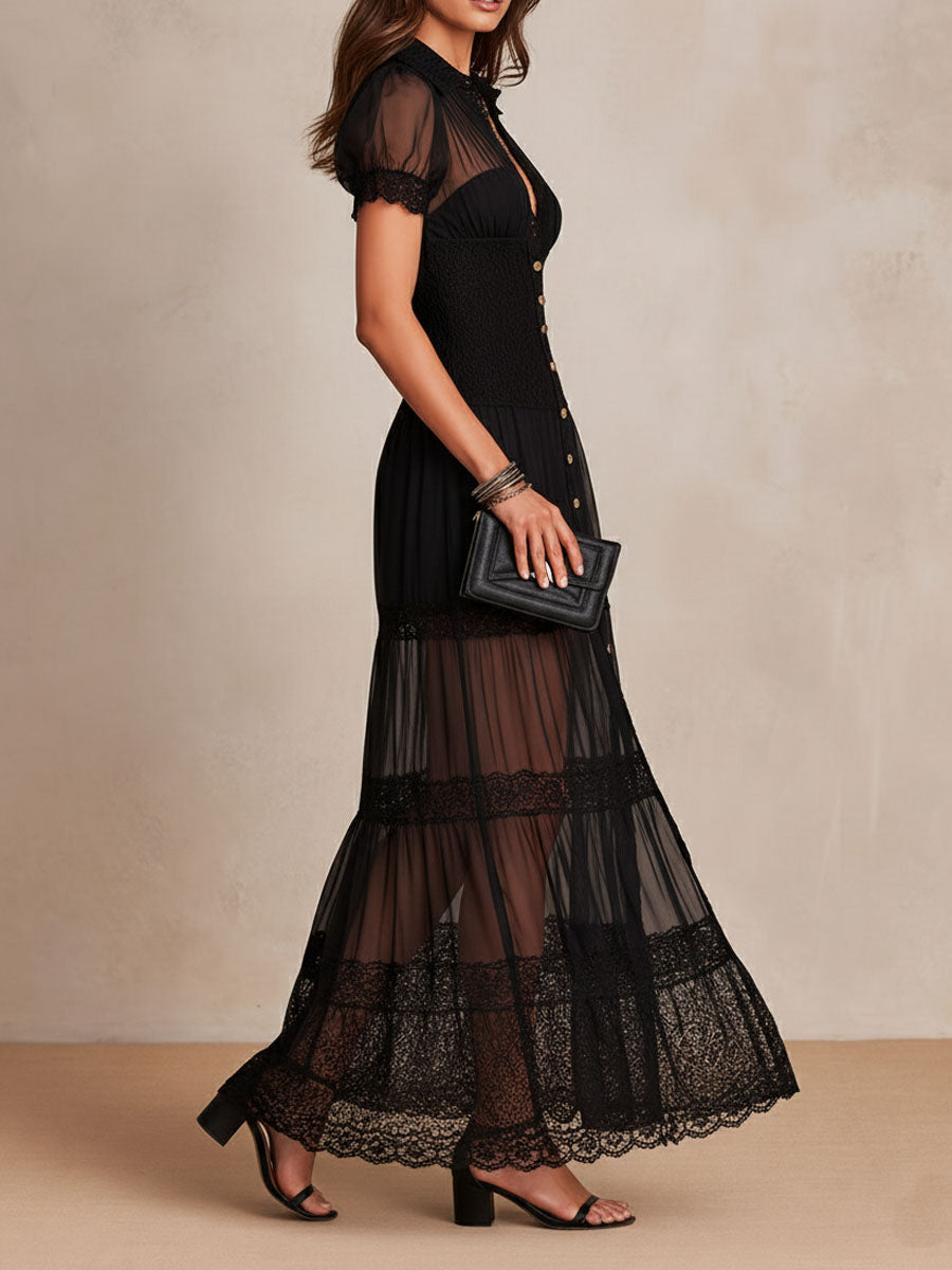 Robe maxi femme noire avec dentelle, boutons et panneaux transparents