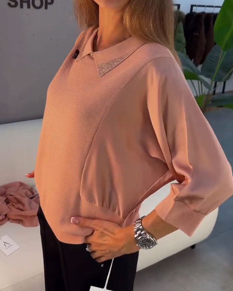 Pullover Revers Manche Coude Tricoté Élégant
