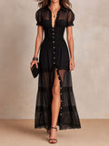 Robe maxi femme noire avec dentelle, boutons et panneaux transparents