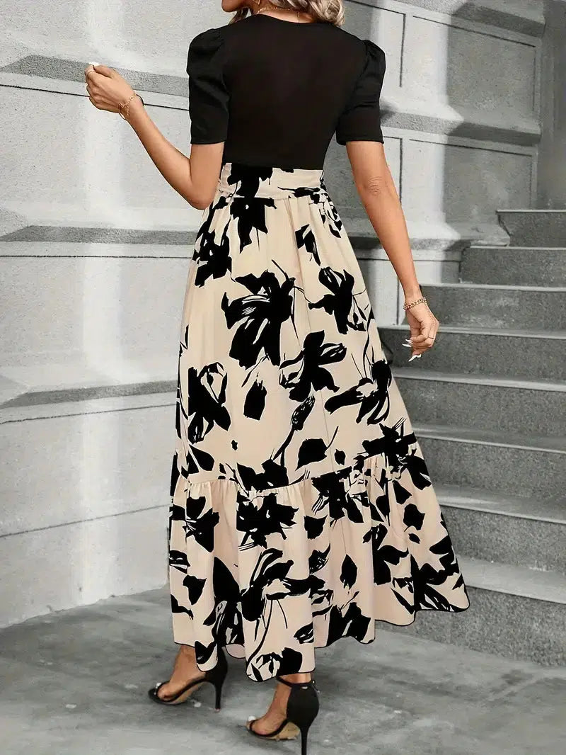 Elise | Robe Maxi à Manches Bouffantes et Imprimé Floral avec Ceinture à Nouer