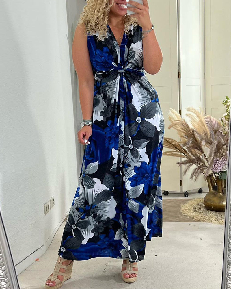 Viola | Robe Maxi Florale Femme Sans Manches avec Nœud à l'Avant et Décolleté en V