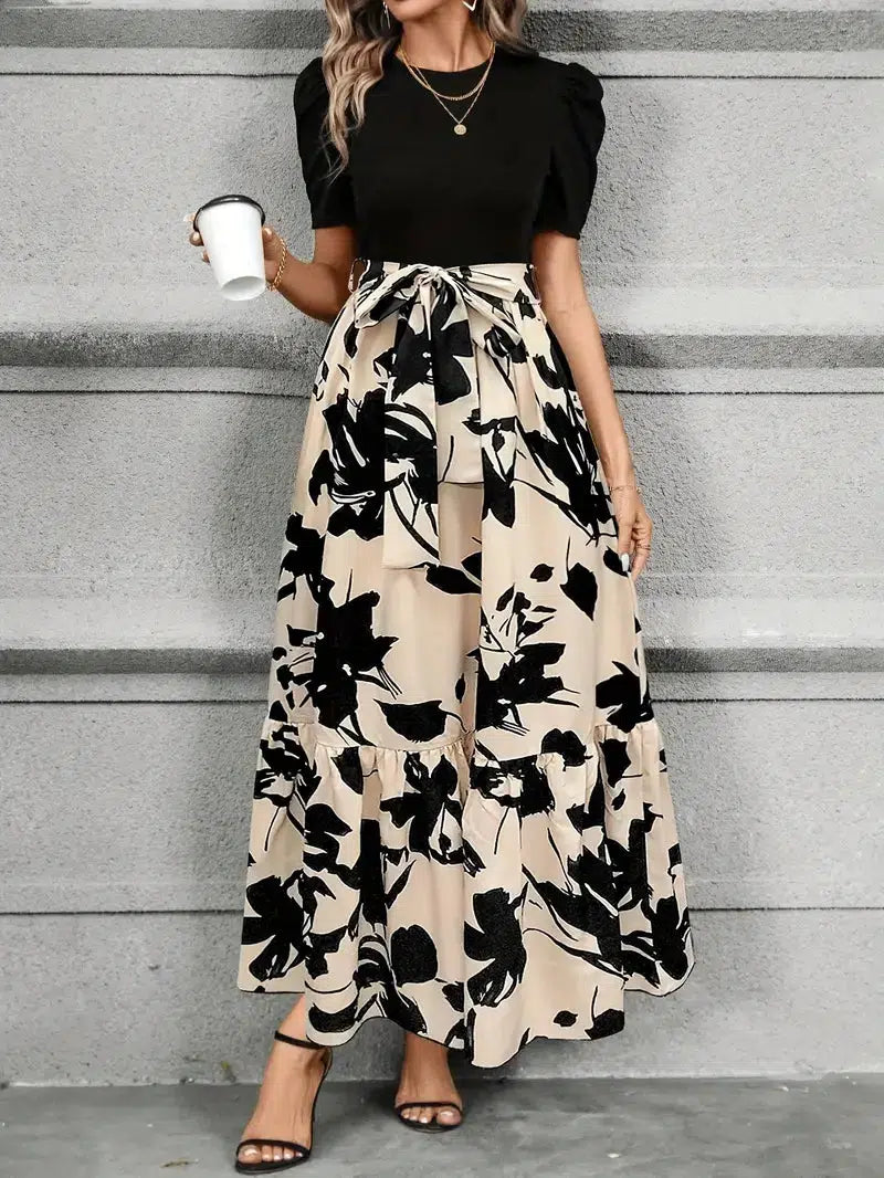 Elise | Robe Maxi à Manches Bouffantes et Imprimé Floral avec Ceinture à Nouer