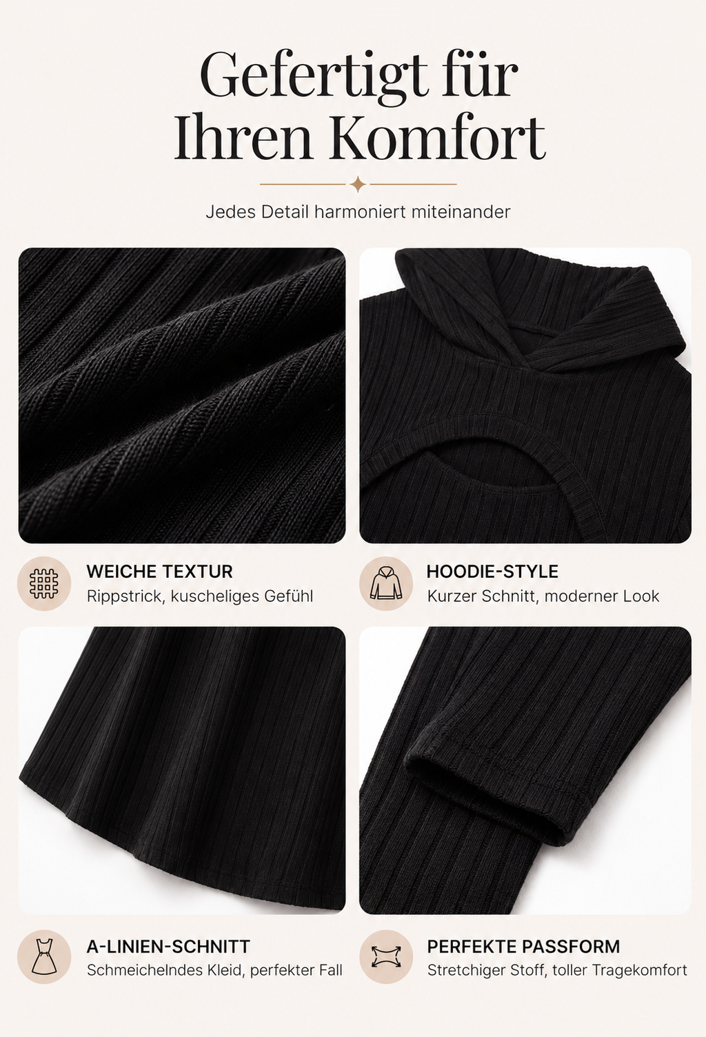 Larenia | Ensemble de robe en tricot côtelé avec hoodie court