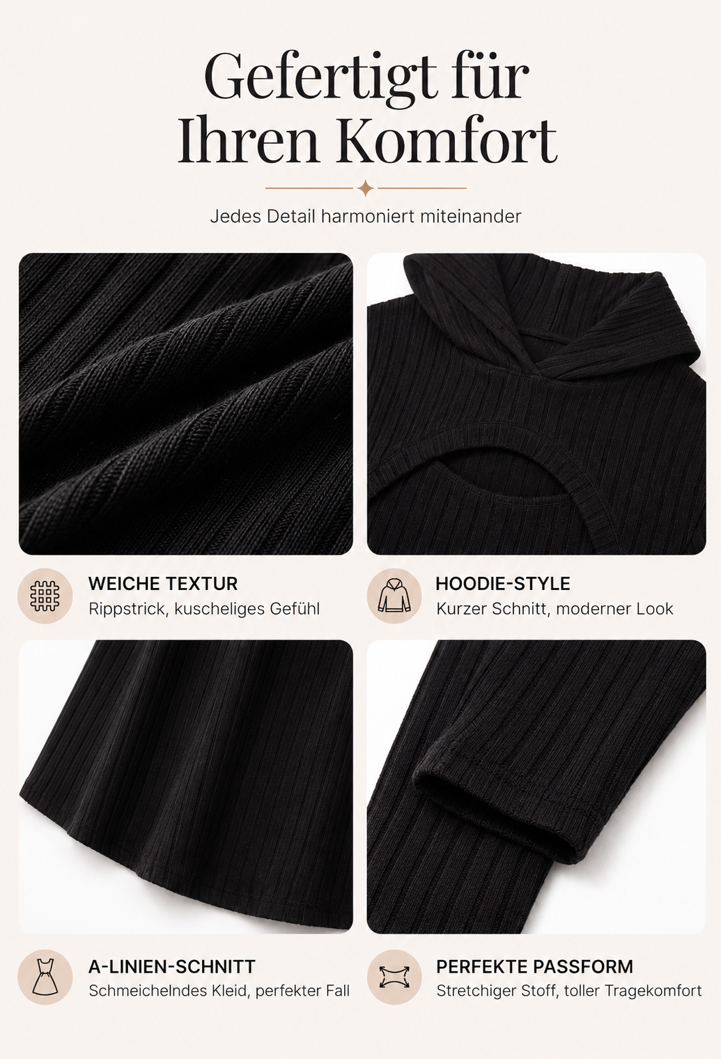 Larenia | Ensemble de robe en tricot côtelé avec hoodie court