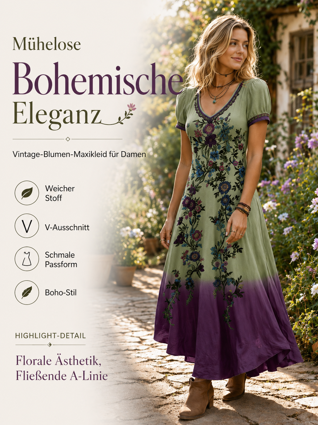 Lelean | Robe maxi vintage dégradée avec décolleté en V