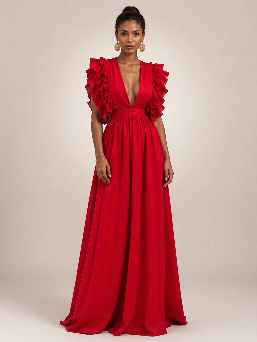 Angelina | Robe maxi dos nu avec manches volantées