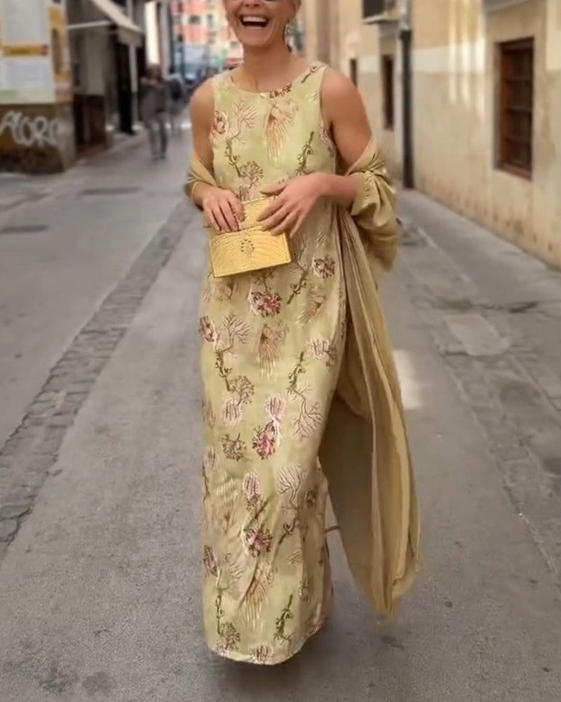 Robe Maxi Sans Manches + Ensemble Cardigan Assorti