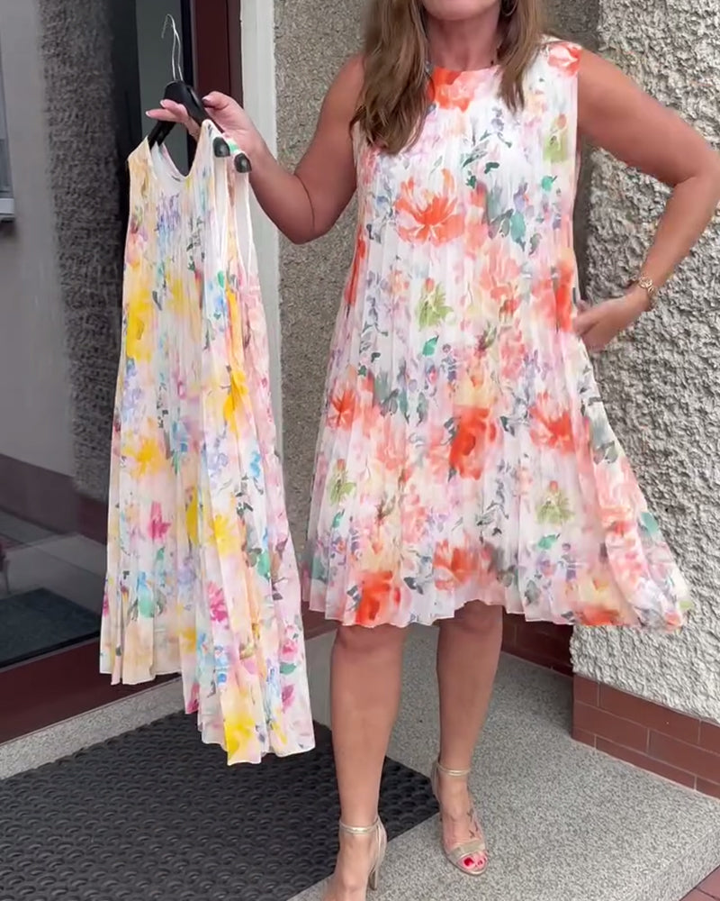 Robe Fleurie Plissée Sans Manches