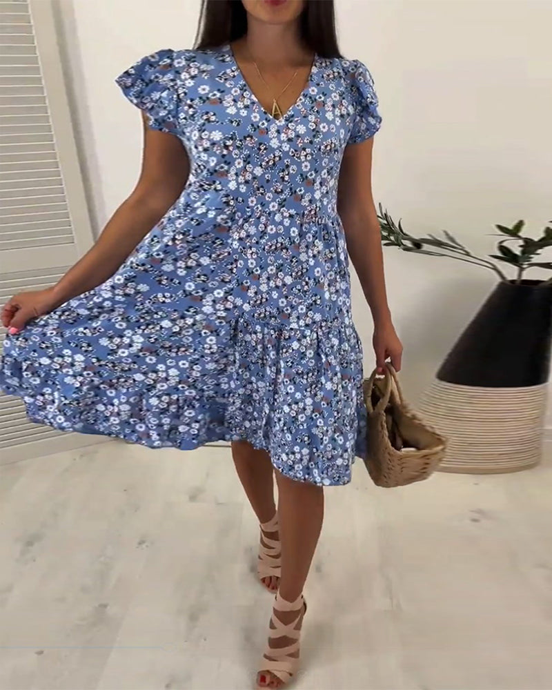 Robe midi sans manches à fleurs avec décolleté en V