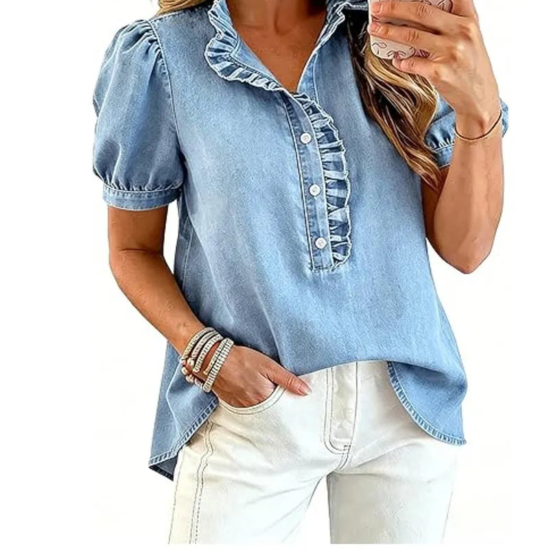 Haut femme en denim avec col volanté et manches bouffantes