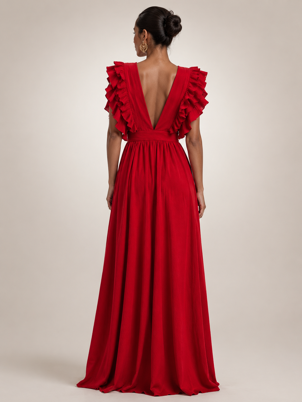 Angelina | Robe maxi dos nu avec manches volantées
