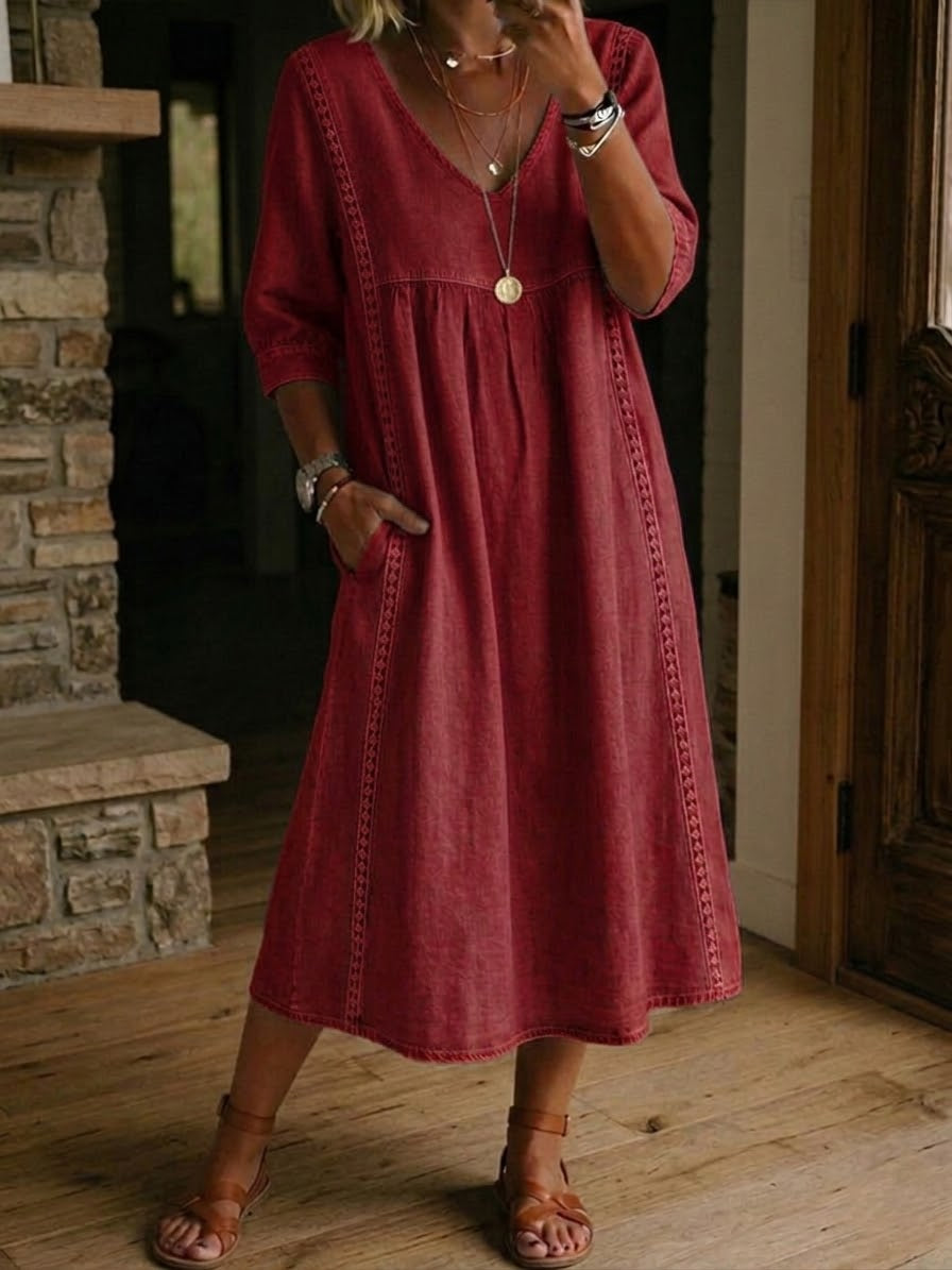 Robe femme coton-lin avec dentelle et col V