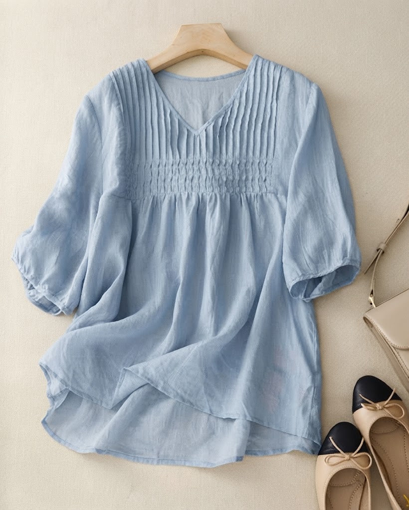 Blouse Col En V Cordon De Serrage Unie