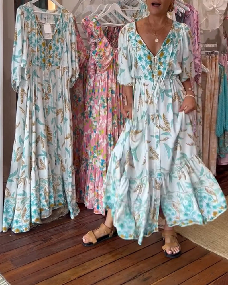 Robe maxi à imprimé feuilles avec décolleté en V pour femmes