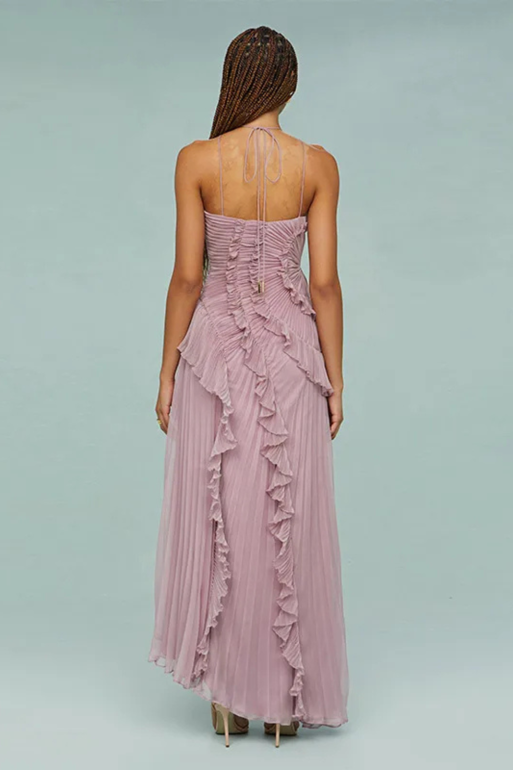 Imogen | Robe maxi à volants dos nu pour femmes avec design à bretelles pour les mariages d'été