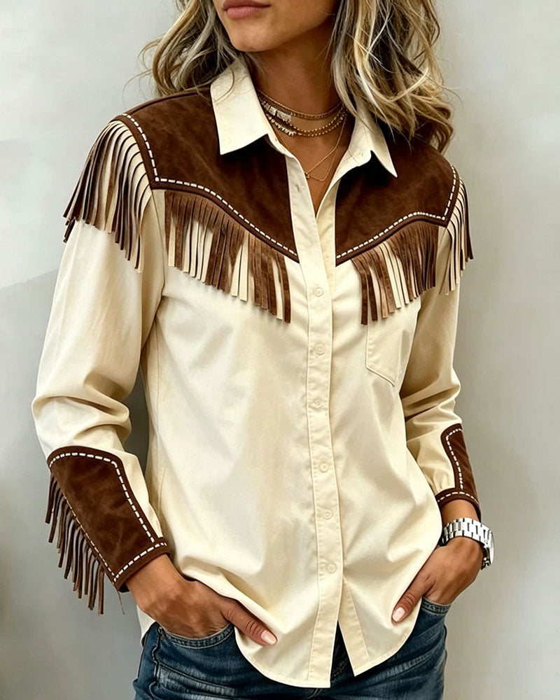 Chemise Frangée Assemblage Contraste Couleur Manche Longue