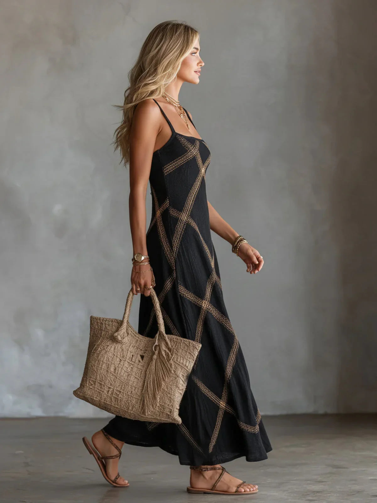 Robe longue femme bohème à bretelles fines avec motif graphique