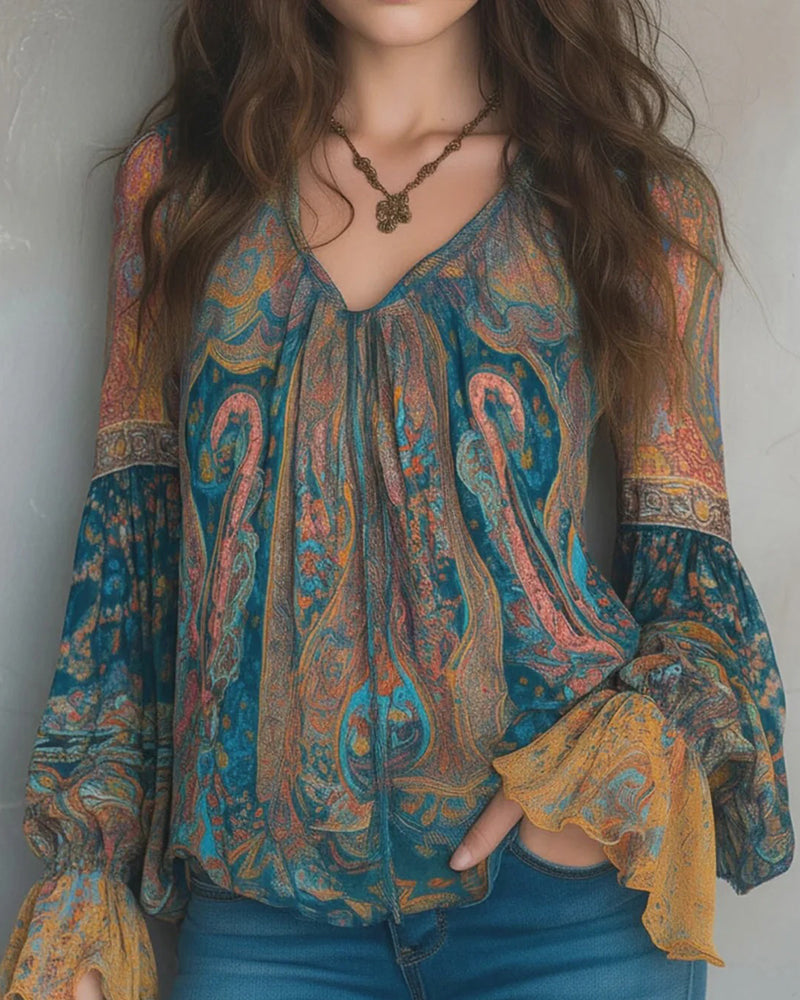 Lindena | Blouse paisley à décolleté en V et manches larges